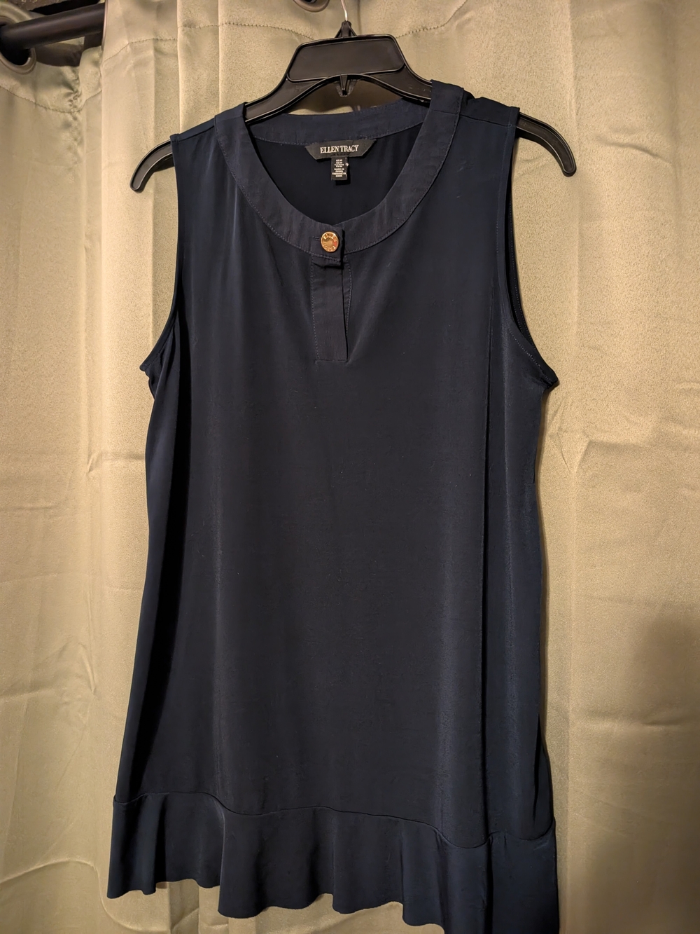 Ellen Tracy Navy Sleeveless Button-Neck Ruffle Hem Top